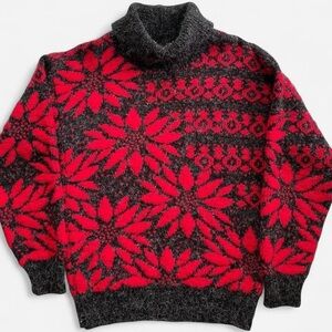 Vintage French Navy Red Black Poinsettia Holiday Christmas Turtleneck Sweater